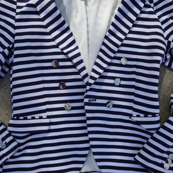 H&M Navy White Striped Blazer Gold Button Tailored Jacket Size 12 Preppy Work - Picture 2 of 15